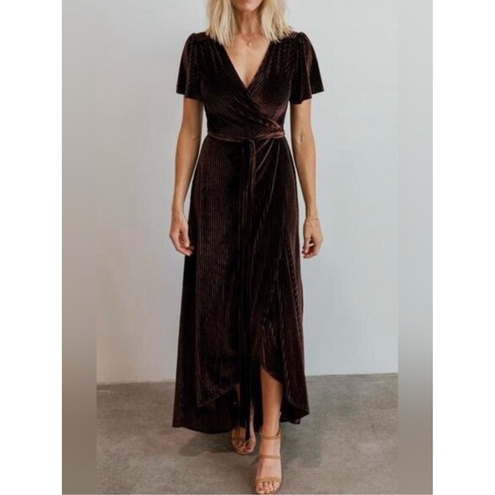 Baltic Born Andi Maxi Dress Women S Brown Ribbed Velvet Flutter Sleeve Wrap